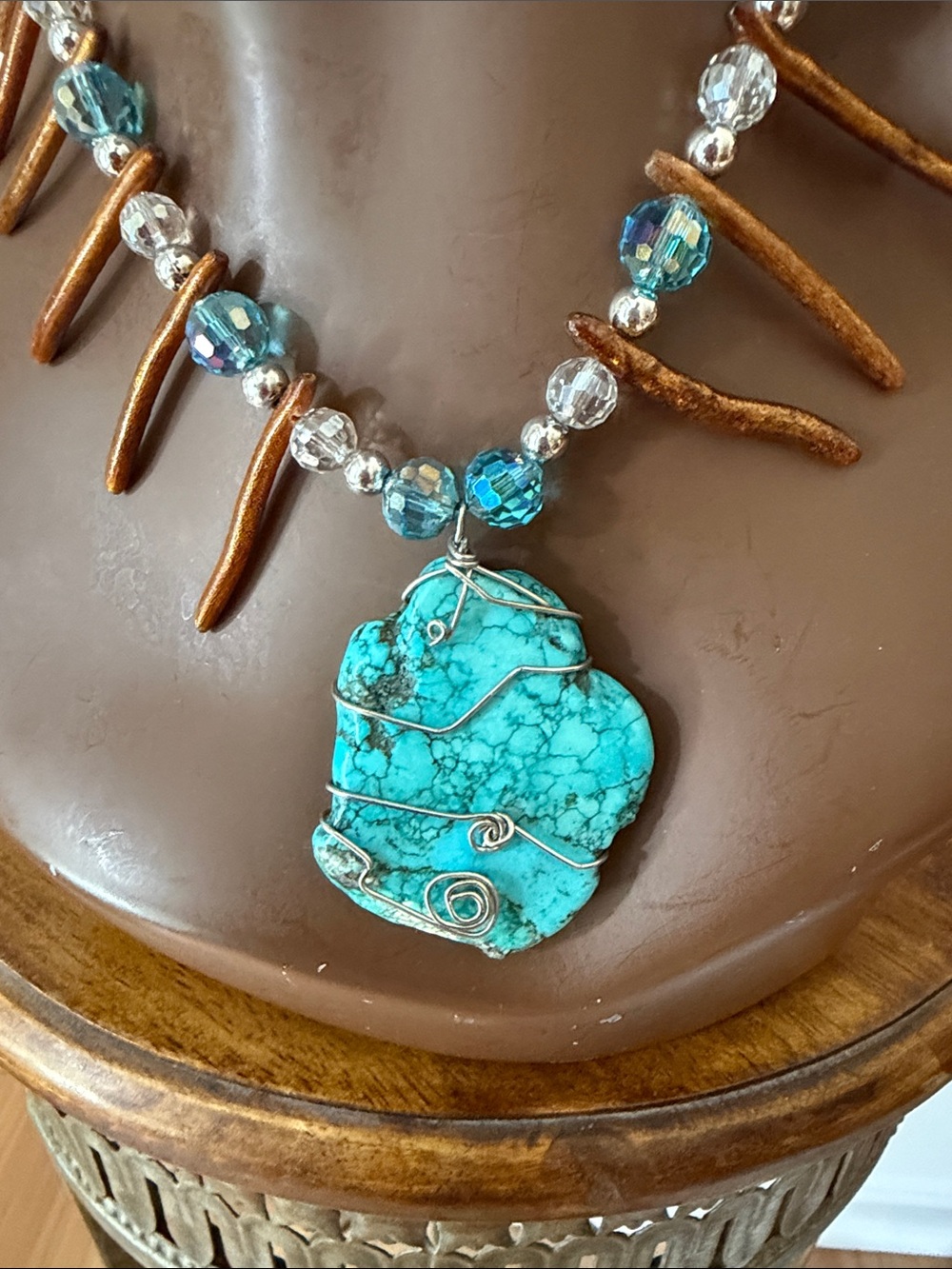 Turquoise and brown coral Wire-Wrapped Pendant Necklace - Women Jewelry